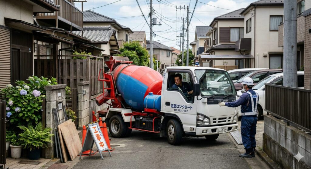 住宅街の狭い搬入路に、小型ミキサー車が停車している様子。大型車が入れない条件を視覚的に伝える。