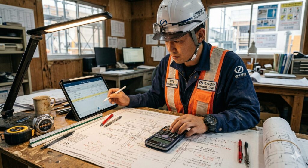 現場監督(または積算担当者)が図面と向き合い、電卓やタブレットを使って正確な生コン数量を計算している様子。