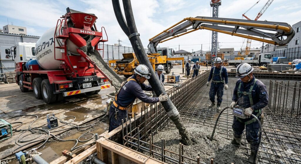 建設現場でプロフェッショナルな生コン打設が行われている様子。プラントからのミキサー車とポンプ車、作業員の活気を描写。